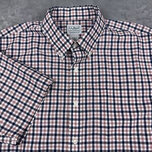 LL Bean Shirt Mens Sz L Red White Blue Traditional Kennebunk Plaid Short Sleeve
